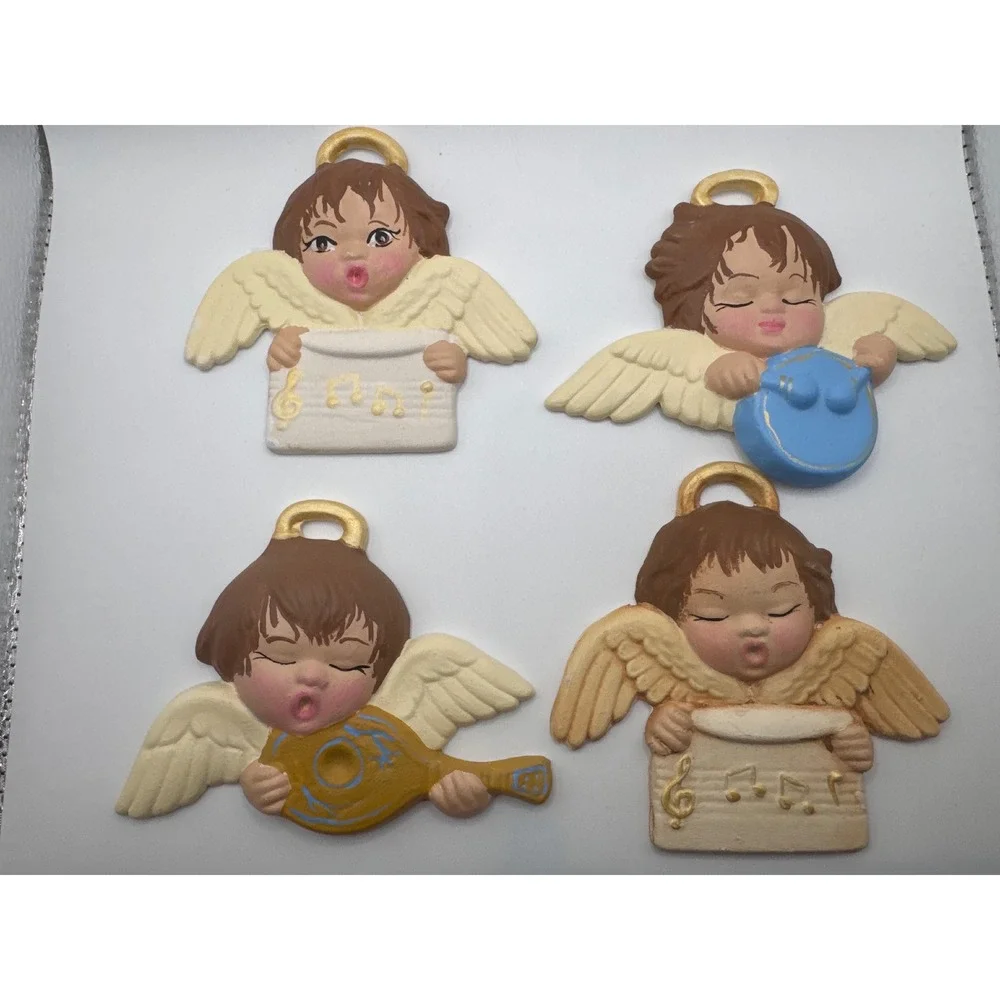 Vintage 1990 Ceramic Musical Angel Wall Plaques Set of 4 Cherubs